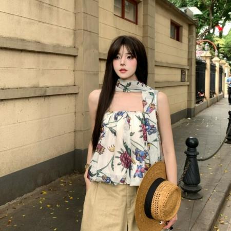 BY18239# 夏季新款葡萄印花雪纺纱蓬蓬花苞抹胸女宽松上衣+围巾  服裝批發女裝批發服飾貨源