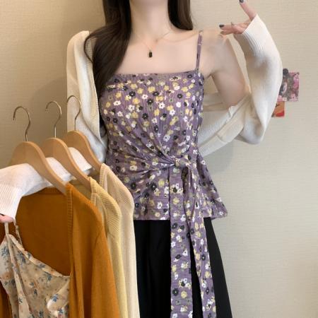 BY18240# 春夏新款甜美风系带收腰针织开衫+碎花吊带两件套女  服裝批發女裝批發服飾貨源