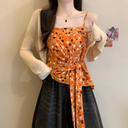 BY18240# 春夏新款甜美风系带收腰针织开衫+碎花吊带两件套女  服裝批發女裝批發服飾貨源