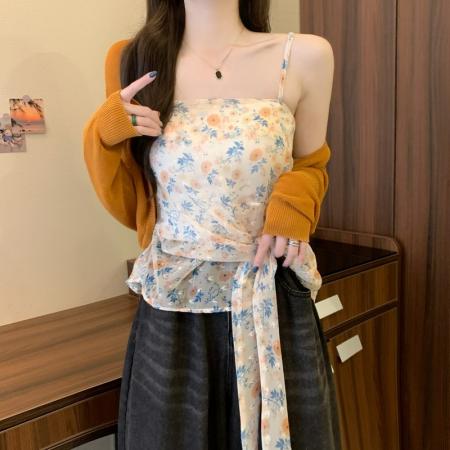 BY18240# 春夏新款甜美风系带收腰针织开衫+碎花吊带两件套女  服裝批發女裝批發服飾貨源