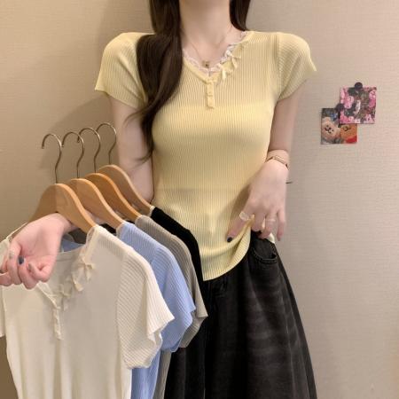 BY18241# 夏季新款韩系蕾丝花边气质V领蝴蝶结纽扣修身显瘦上衣女  服裝批發女裝批發服飾貨源