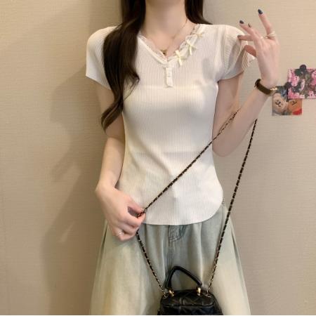 BY18241# 夏季新款韩系蕾丝花边气质V领蝴蝶结纽扣修身显瘦上衣女  服裝批發女裝批發服飾貨源