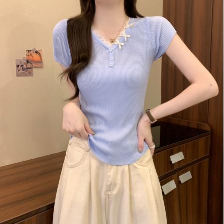 BY18241# 夏季新款韩系蕾丝花边气质V领蝴蝶结纽扣修身显瘦上衣女  服裝批發女裝批發服飾貨源