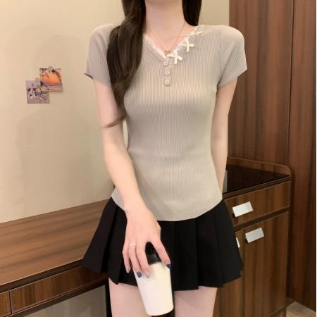 BY18241# 夏季新款韩系蕾丝花边气质V领蝴蝶结纽扣修身显瘦上衣女  服裝批發女裝批發服飾貨源