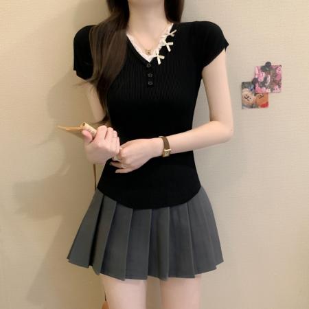 BY18241# 夏季新款韩系蕾丝花边气质V领蝴蝶结纽扣修身显瘦上衣女  服裝批發女裝批發服飾貨源