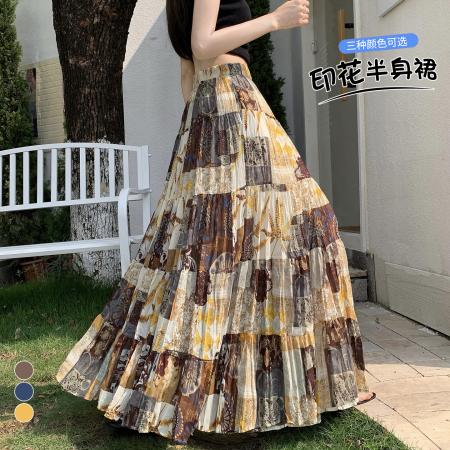 BY18247# 雪纺印花拼接百褶半身裙女夏季高腰显瘦褶皱蛋糕裙a字中长裙  服裝批發女裝批發服飾貨源