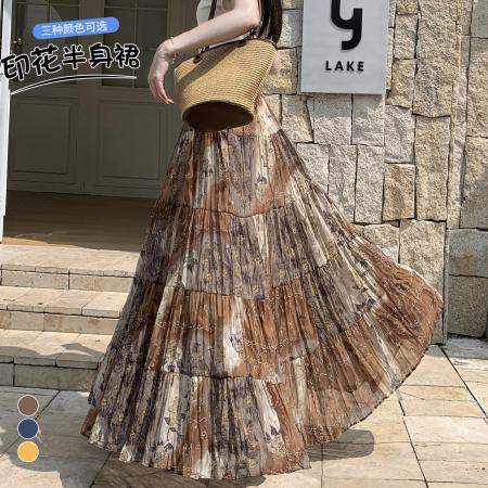 BY18247# 雪纺印花拼接百褶半身裙女夏季高腰显瘦褶皱蛋糕裙a字中长裙  服裝批發女裝批發服飾貨源