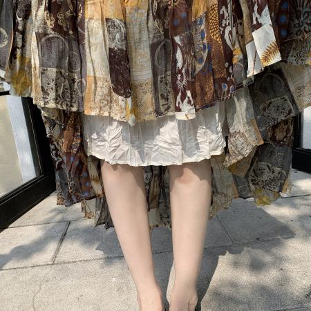 BY18247# 雪纺印花拼接百褶半身裙女夏季高腰显瘦褶皱蛋糕裙a字中长裙  服裝批發女裝批發服飾貨源