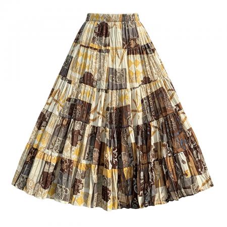 BY18247# 雪纺印花拼接百褶半身裙女夏季高腰显瘦褶皱蛋糕裙a字中长裙  服裝批發女裝批發服飾貨源