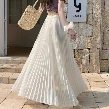 BY18248# 雪纺百褶裙a字半身裙女夏季高腰显瘦垂坠感大摆雪纺长裙伞裙  服裝批發女裝批發服飾貨源