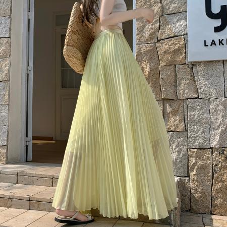 BY18248# 雪纺百褶裙a字半身裙女夏季高腰显瘦垂坠感大摆雪纺长裙伞裙  服裝批發女裝批發服飾貨源