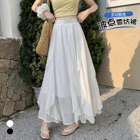 BY18249# 不规则波点雪纺半身裙女夏季高腰垂感a字休闲荷叶边中长裙  服裝批發女裝批發服飾貨源