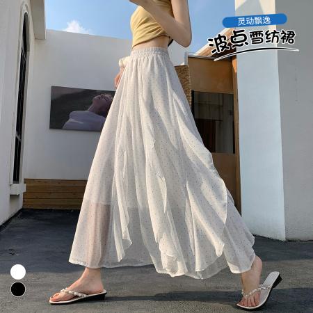 BY18249# 不规则波点雪纺半身裙女夏季高腰垂感a字休闲荷叶边中长裙  服裝批發女裝批發服飾貨源