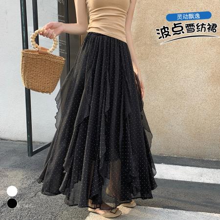 BY18249# 不规则波点雪纺半身裙女夏季高腰垂感a字休闲荷叶边中长裙  服裝批發女裝批發服飾貨源