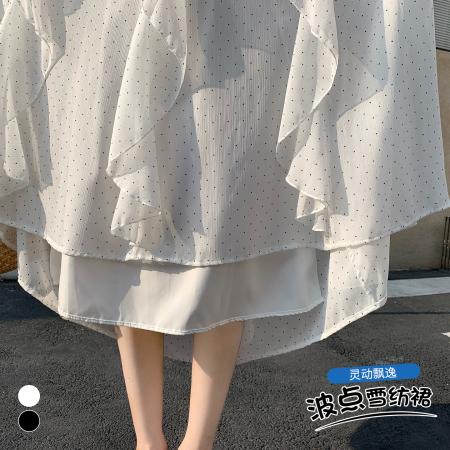 BY18249# 不规则波点雪纺半身裙女夏季高腰垂感a字休闲荷叶边中长裙  服裝批發女裝批發服飾貨源