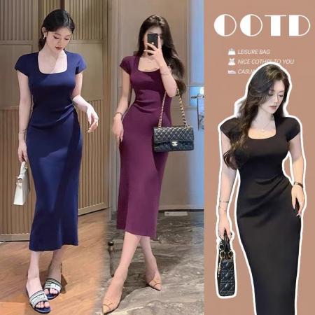 BY18250# 爆款紫色针织包臀连衣裙特别漂亮独特掐腰裙子法式御姐紧身长裙  服裝批發女裝批發服飾貨源