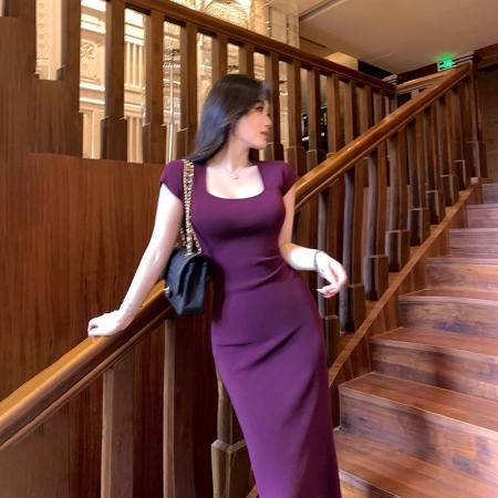 BY18250# 爆款紫色针织包臀连衣裙特别漂亮独特掐腰裙子法式御姐紧身长裙  服裝批發女裝批發服飾貨源