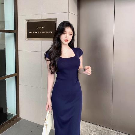 BY18250# 爆款紫色针织包臀连衣裙特别漂亮独特掐腰裙子法式御姐紧身长裙  服裝批發女裝批發服飾貨源