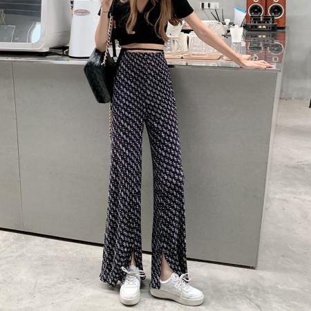 BY18251# 大码女装新款字母印花开叉休闲裤新款宽松高腰百搭直筒拖地裤  服裝批發女裝批發服飾貨源