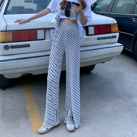 BY18251# 大码女装新款字母印花开叉休闲裤新款宽松高腰百搭直筒拖地裤  服裝批發女裝批發服飾貨源