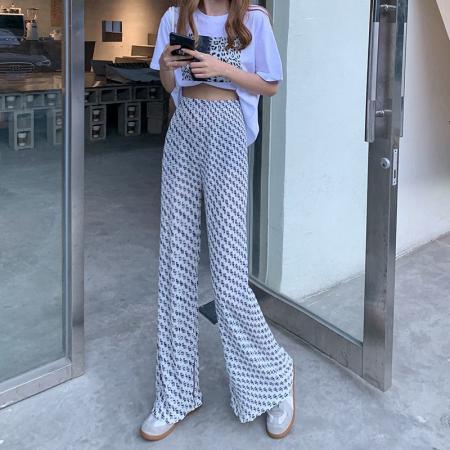 BY18251# 大码女装新款字母印花开叉休闲裤新款宽松高腰百搭直筒拖地裤  服裝批發女裝批發服飾貨源