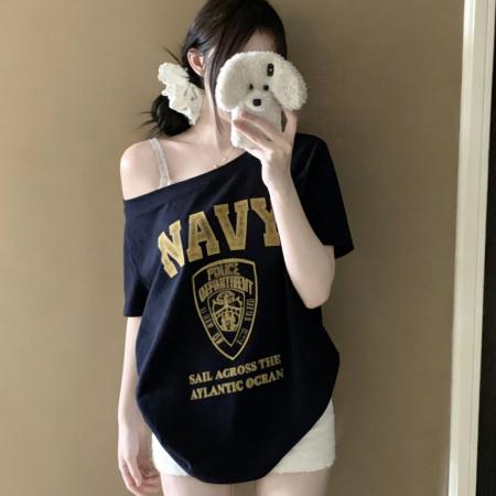 BY18252# 美式辣妹斜肩字母印花短袖T恤女  服裝批發女裝批發服飾貨源
