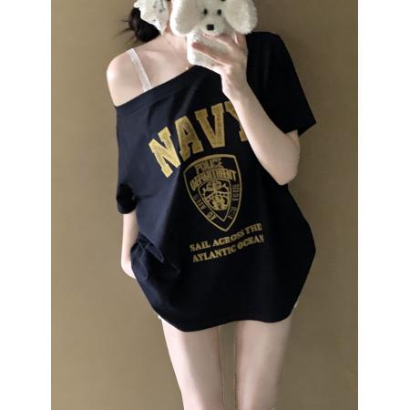 BY18252# 美式辣妹斜肩字母印花短袖T恤女  服裝批發女裝批發服飾貨源