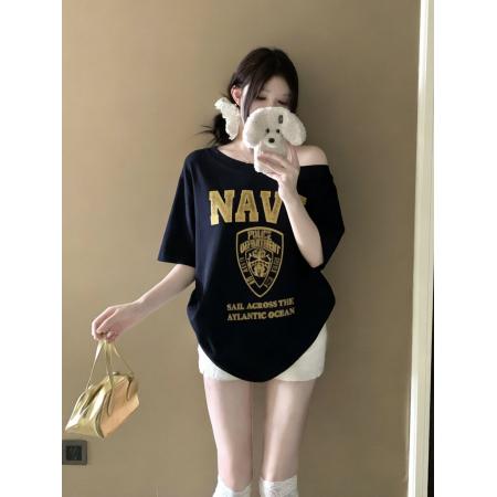 BY18252# 美式辣妹斜肩字母印花短袖T恤女  服裝批發女裝批發服飾貨源