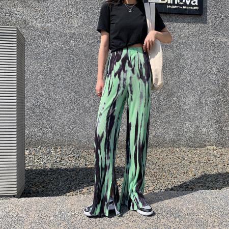 BY18253# 大码女装轧染褶皱风格开叉裤子女潮流新款百搭显瘦垂感直筒休闲裤  服裝批發女裝批發服飾貨源