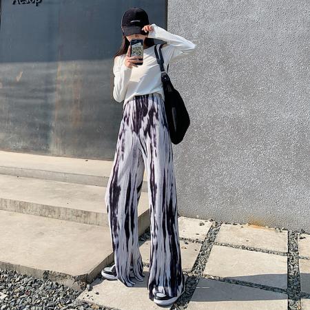 BY18253# 大码女装轧染褶皱风格开叉裤子女潮流新款百搭显瘦垂感直筒休闲裤  服裝批發女裝批發服飾貨源