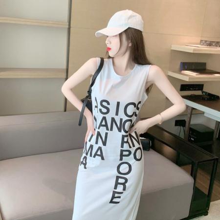 BY18255# 夏季网红新款无袖字母开叉长款法式连衣裙女宽松慵懒风过膝长裙…  服裝批發女裝批發服飾貨源