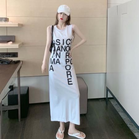 BY18255# 夏季网红新款无袖字母开叉长款法式连衣裙女宽松慵懒风过膝长裙…  服裝批發女裝批發服飾貨源