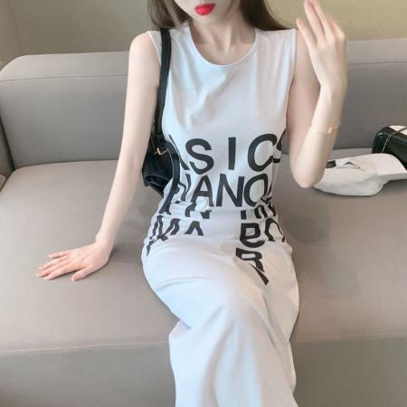 BY18255# 夏季网红新款无袖字母开叉长款法式连衣裙女宽松慵懒风过膝长裙…  服裝批發女裝批發服飾貨源