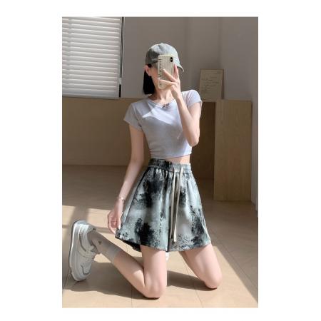 BY18256# 冰丝速干短裤女新中式水墨印花阔腿裤女夏国风短裤宽松直筒休闲裤  服裝批發女裝批發服飾貨源