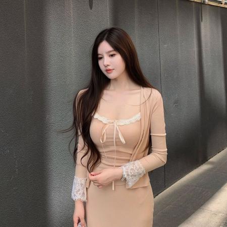 BY18258# 温柔御姐气质休闲套装女秋季长袖纯欲开衫蕾丝吊带半身长裙三件套  服裝批發女裝批發服飾貨源