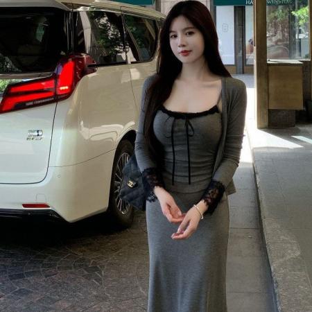 BY18258# 温柔御姐气质休闲套装女秋季长袖纯欲开衫蕾丝吊带半身长裙三件套  服裝批發女裝批發服飾貨源