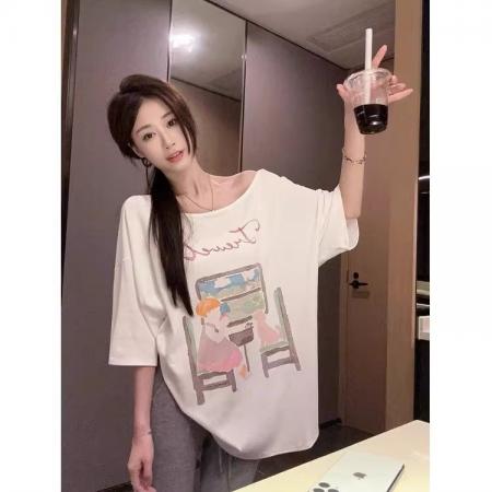 BY18260# 大码休闲短袖T恤女新款夏季设计感印花体恤胖MM宽松显瘦上衣  服裝批發女裝批發服飾貨源