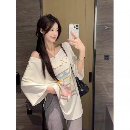 BY18260# 大码休闲短袖T恤女新款夏季设计感印花体恤胖MM宽松显瘦上衣  服裝批發女裝批發服飾貨源