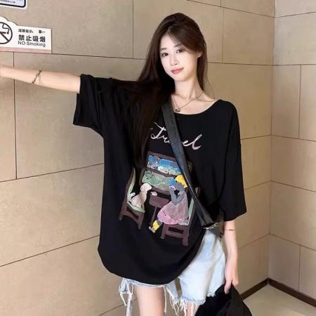 BY18260# 大码休闲短袖T恤女新款夏季设计感印花体恤胖MM宽松显瘦上衣  服裝批發女裝批發服飾貨源