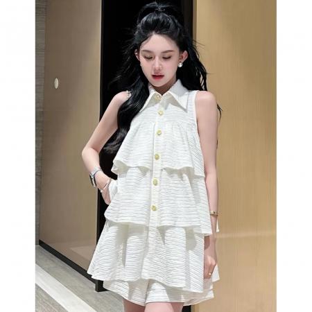 BY18261# 白色法式小众设计感荷叶边层次感背心上衣休闲短裤两件套女夏  服裝批發女裝批發服飾貨源