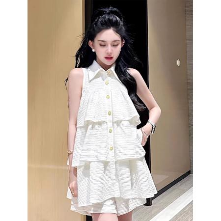 BY18261# 白色法式小众设计感荷叶边层次感背心上衣休闲短裤两件套女夏  服裝批發女裝批發服飾貨源