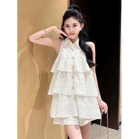 BY18261# 白色法式小众设计感荷叶边层次感背心上衣休闲短裤两件套女夏  服裝批發女裝批發服飾貨源