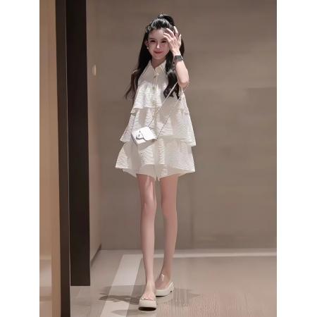 BY18261# 白色法式小众设计感荷叶边层次感背心上衣休闲短裤两件套女夏  服裝批發女裝批發服飾貨源