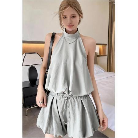 BY18262# 新款夏季无袖花苞露肩挂脖背心上衣女阔腿灯笼短裤裙两件套装  服裝批發女裝批發服飾貨源