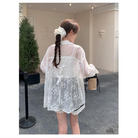 BY18263# 白色蕾丝拼接衬衫女夏季新款薄款防晒外套上衣女  服裝批發女裝批發服飾貨源