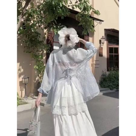 BY18263# 白色蕾丝拼接衬衫女夏季新款薄款防晒外套上衣女  服裝批發女裝批發服飾貨源