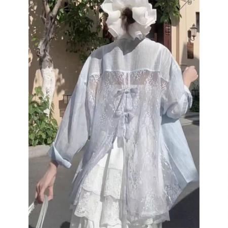 BY18263# 白色蕾丝拼接衬衫女夏季新款薄款防晒外套上衣女  服裝批發女裝批發服飾貨源