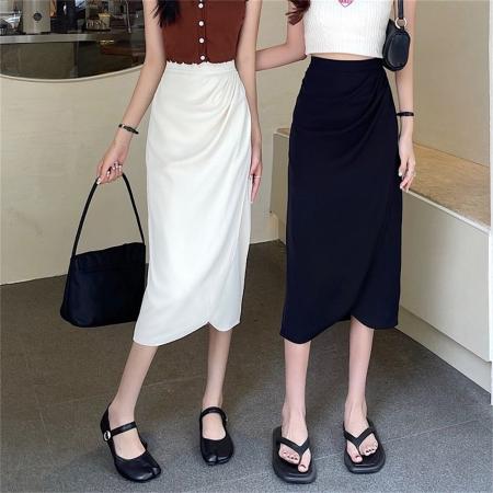 BY18264# 半身裙女中长款设计感小众复古高腰开叉一步裙褶皱包臀裙  服裝批發女裝批發服飾貨源