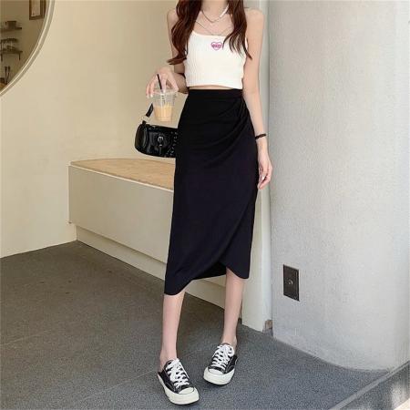 BY18264# 半身裙女中长款设计感小众复古高腰开叉一步裙褶皱包臀裙  服裝批發女裝批發服飾貨源