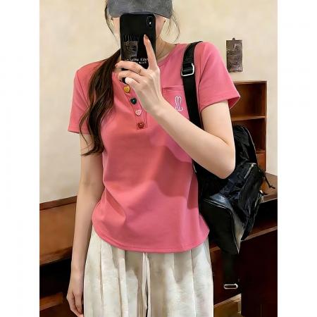 BY18265# 夏季新款韩版宽松显瘦胖mm弧形下摆纽扣短袖t恤女  服裝批發女裝批發服飾貨源
